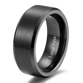 8mm Wedding Band for Men and Women Black Tungsten Rings Engraved I Love You Brush Beveled Edge Comfort Fit Size 11.5