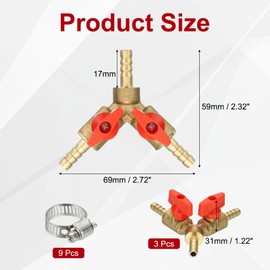 PATIKIL 3 Way Shut Off Ball Valve, 1/4" Y Shaped 3 Way Brass Garden Hose Barb Splitter Line Sprayer Parts Coolant Hose Valve Fitting with 2 Red Switch for Gas Fuel Oxygen, 3 Set