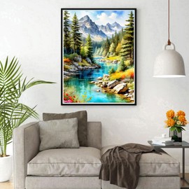 DPHERO DIY Snowy Mountain Diamond Painting Pictures for Adults Beginners, 5D Forest Diamond Painting Set, DIY Stream Round Stones Diamond Art Kits, Diamond Art for Home Decor 30 x 40 cm