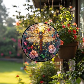 Dragonfly Stained Glass Window Hanging, 7.9" Sun Catcher Glass Panel Boho Wall Art Decor with Chain, Hand Painted Round Ornament for Couples