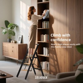 SOLADDER 3 Step Ladder with Handrails, Lightweight Aluminium Folding Step Stool for Adults to Use in Kitchen, Closet and Library, 300lbs(Black+Woodgrain)