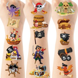 Pirate Temporary Tattoos for Kids - 200+ Glitter Pirate Tattoo Stickers for Birthday Party Favors, Treasure Adventure Party Decorations Supplies for Girls Boys (8 Sheets)