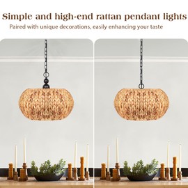 QIHONGLT Farmhouse Boho Chandelier,5-Light Hand-Woven Rattan Pendant Light,19.2in Rattan Light Fixtures Ceiling Hanging for Kitchen Island, Living Room, Hallway