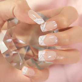 Natural Nude Pink White French Nails Press on False Nails Silver Glitter Line Squoval Fake Nails Medium Short Full Cover faux ongles for Home Office Finger Wear Nail Art Tips