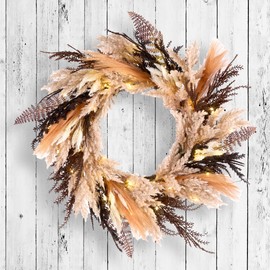National Tree Company Pre-Lit Artificial Orange and Black Pampas Wreath, 30 Warm White LED Lights, Battery Operated, 26 inch