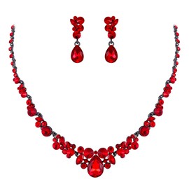 EVER FAITH Women's Austrian Crystal Luxury Ball Prom Floral Waterdrop Necklace Earrings Set Red Black-Tone