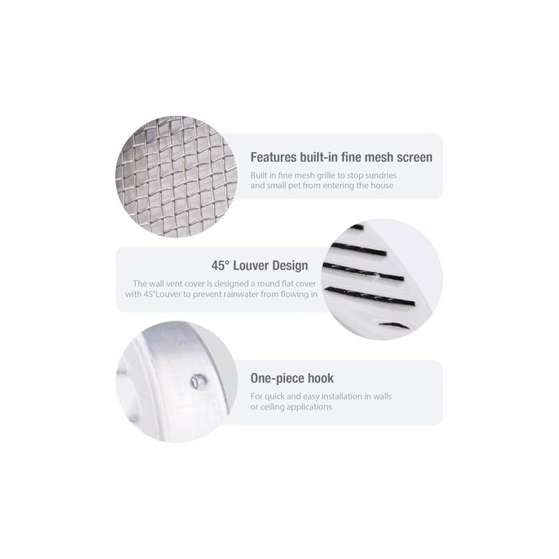 Round Aluminum Louver with Insect Screen, 2 Inches, White, 6-Pack