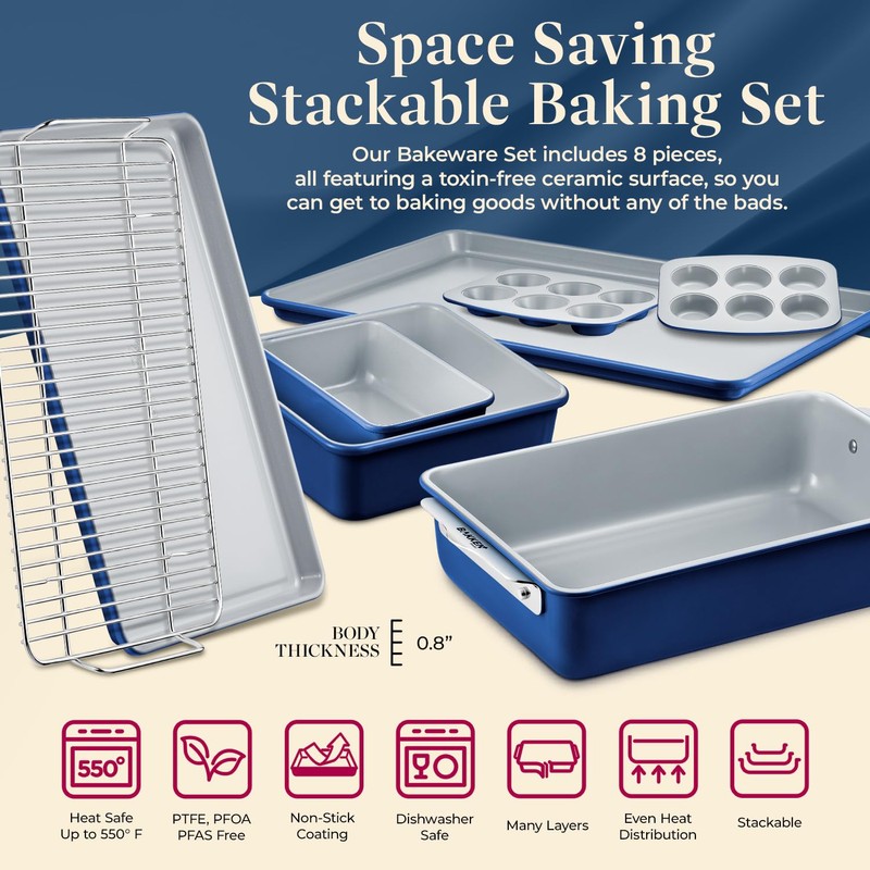 Bakken 8-Piece Stackable Bakeware Set - Ceramic Non-Stick Coating, Baking