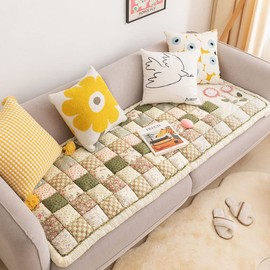 vctops Bohemian Patchwork Sofa Cover Cotton Quilted Couch Cover Floor Mat Floral Print Sectional Couch Cover Non-Slip Soft Sofa Slipcover Furniture Protector for Kids, Dogs, Cats (Green,28"x70")