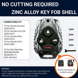 Upgraded Zinc Alloy Key Fob Shell Cover for Honda 2003-2012 Accord / 2006-2013 Civic EX / 2009-2015 Pilot /2005-2006 CR-V |No Cutting Need | Crack-Resistant & Sturdy | Easy Installation (Black)