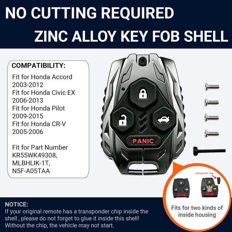 Upgraded Zinc Alloy Key Fob Shell Cover for Honda 2003-2012
