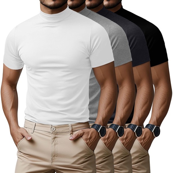 Ficerd 4 Pack Men's Mock Neck T Shirts, Short Sleeve