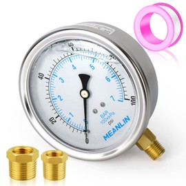 MEANLIN MEASURE 0~100Psi Stainless Steel 1/4" NPT 4" FACE DIAL Liquid Filled Pressure Gauge WOG Water Oil Air Lower Mount, with 1/4" x 1/2" NPT and 1/4" x 3/8" NPT Hex Bushing