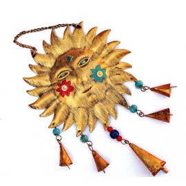 Bohemian Gold Metal Sun Face Wind Chimes Wall Plaque Art Hanging Whimsical Celestial Boho Indoor Outdoor Decor Decorations