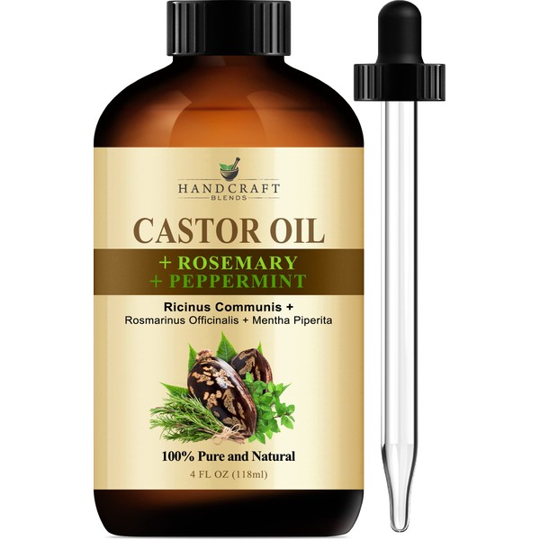 Handcraft Castor Oil with Rosemary and Peppermint Oil for Hair Growth, Eyelashes and Eyebrows - 100% Pure and Natural Carrier Hair Oil - Moisturizing Massage Oil for Aromatherapy - 4 fl. Oz