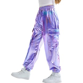 Rolanko Girls Shiny Metallic Cargo Pants, Sparkle Jogger Pants for Girls Hip Hop Dance Streetwear Cargo Trousers (BluePurple, 14-16)