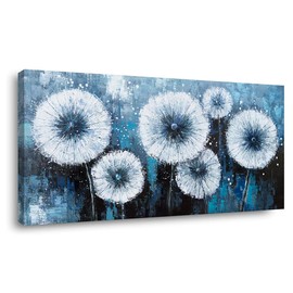 Piy Painting Modern Dandelion Wall Art for Living Room Office Navy Blue White Floral Canvas Painting Prints Flower Artwork Kitchen Bedroom Decor (20x40 Inches)