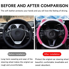 Bittwee Car Steering Wheel Cover, Fluffy Soft Plush for Winter Warm, Cute Steering Wheel Protector with Kitty Cat Ears, Universal 15 Inch, Elastic & Anti-Slip, Lovely Decor Car Accessories (Rose Red)