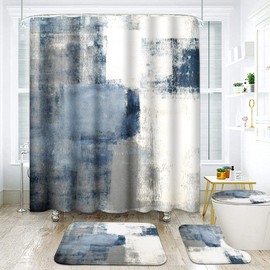 ArtSocket 4 Pcs Shower Curtain Set Blue Grey Abstract Painting Gray Vintage Retro with Non-Slip Rugs Toilet Lid Cover and Bath Mat Bathroom Decor Set 72" x 72"