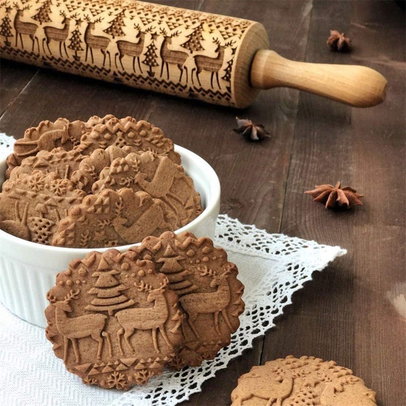 Christmas Wooden Rolling Pins, Xmas 3D Reindeer Shape Decor Embossing