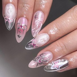 Cute Press on Nails Medium Almond Pink Sliver Mixed Color Fake Nails Full Cover Bow Star Butterfly False Nails with Designs Sweet Acrylic Nails Glossy Glue on Nails Artificial Nails for Women Girls