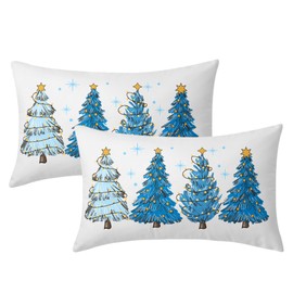 Blue Christmas Tree Lumbar Throw Pillow Covers 12X20 In Set of 2 Xmas Tree Lights Stars Decorative Rectangle Pillow Cases Winter Holiday Pillow Cover Farmhouse Home Decor For Living Room Sofa Couch