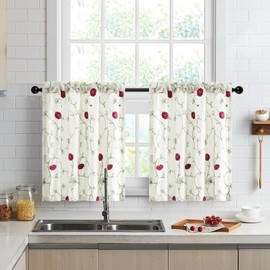 VOGOL Short Window Curtain Tiers, Rod Pocket Curtains & Drapes for Bathroom Living Room Small Kitchen Window, Elegant Pink Flowers Embroidered Pattern, 30 x 30 Inch, 2 Pieces