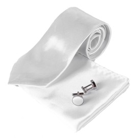 SEVENHEAD Mens Solid Color Tie 8cm and Pocket Square Cufflink Set for Men Wedding Business, White