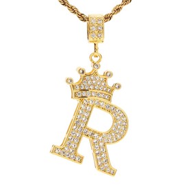 UALGL A-Z Letters Necklace Crown Necklace for Men Women 18K Gold Plated Letters Pendants with 23'' Chain Hip Hop Alphabet Name Jewelry Mom Gifts (Yellow-R)