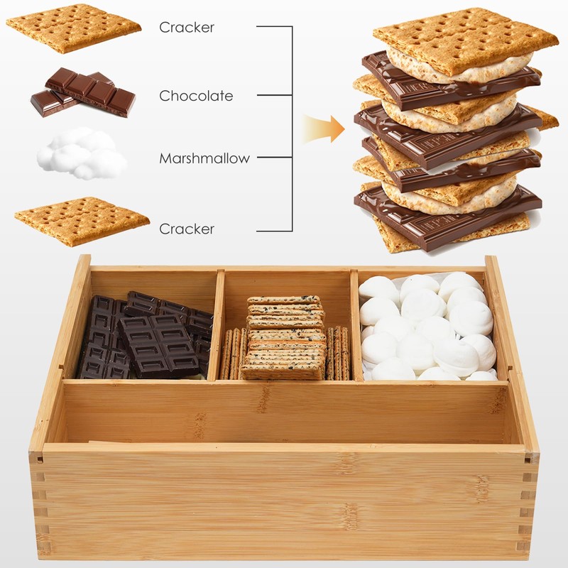 Smores Kits,Bamboo Smores Box with a Lid,Smores Caddy with 6Pcs