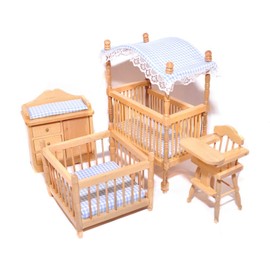 Melody Jane Dollhouse Oak Light Blue Gingham Children's Room Furniture Miniature Baby Boy Room Set