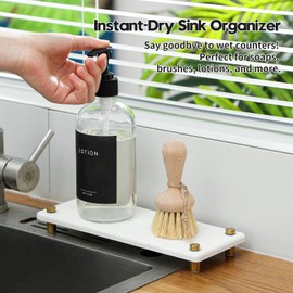 Razborci Water Absorbing Stone Sink Caddy Kitchen Sink Organizer Tray, Diatomite Bathroom Counter Tray, Gold Faucet Drying Mat Coaster Soap Dish Rack Riser Dispenser Sponge Holder, White 10" x 4"