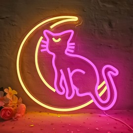 Vveikea Japanese Anime Cat Neon Signs Dimmable Cartoon Luna Neon Lights Moon Cat Neon Light Sign Cute Led Signs for Bedroom Wall Girls Room Dorm Birthday Party Kawaii Gift