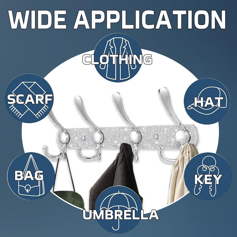 BlackFish Wall Mounted Coat Rack, Shiny Silver Rhinestones Four Heavy