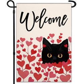 Valentines Day Garden Flag for Outside 12x18 Double Sided Black Cat Love Garden Flags 3 Ply Valentines Welcome Garden Flag for Outdoor House Anniversary Wedding Farmhouse Yard Garden Decorations