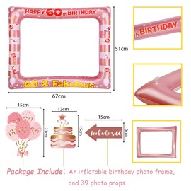 60th Birthday Decorations Ladies Men,Rose Gold Inflatable Selfie Frame&38Pcs 60th Birthday Photo Booth Props,Giant Inflatable Party Photo Booth Frame for Ladies Men 60th Birthday Party Decorations