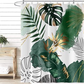 Uiiooazy Duschvorhang Boho Style, Duschvorhang Grün Gold Palmenblätter Tropische Duschvorhänge Anti Schimmel Wasserdicht Polyester Stoff Waschbar Bad Vorhang mit 12 Haken für Badezimmer 180Bx180Hcm