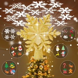 TKYHRMAS Christmas Tree Toppers Lighted with 6 Projection Modes, Christmas Snowflake Tree Topper with Built-in LED Rotating Lights, Gold 3D Glitter Projection for Xmas Party Holiday Decorations
