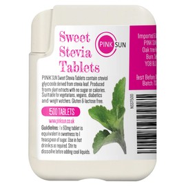 PINK SUN Stevia Tablets x 500 Tabs - Sweetener Sugar Alternative Replacement Vegetarian Vegan Gluten Free Low Carb Non GM Zero Calories - Or Bulk Buy Multi Pack Dispenser