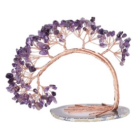 Sumgiftforall Handmade Natural Crystal Quartz Tree Tumbles Stone Bonsai Money Tree on Geode Agate Base Feng Shui Home Office Desk Decoration for Health and Luck, Amethyst