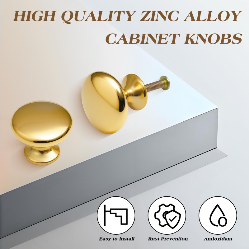 Syclishorn Pack of 6 Round Cabinet Knobs, Kitchen Knobs, Gold