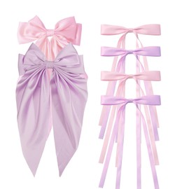 CUBACO 6PCS Hair Clips for Women, Alligator Ribbon Hair Silky Satin Barrettes for Women Kawaii Accessories Bow Clips for Long Thick Hair for Girls Suitable for Birthday Gift, Pink Purple