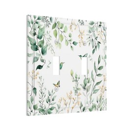 Nijuodnijir Decorative Switch Plates Watercolor Green Leaves Vines Bird 2 Gang Double Toggle Outlet Light Switch Cover Wall Plate Electrical Faceplate For Bed Room Living Room Decor