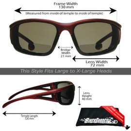 Bikershades Motorcycle Riding Safety Bifocal Sunglasses Foam Padded Men Women Z87 Wind-Proof +2.00 Reader Grey Tinted Red Frame