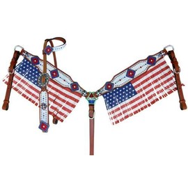 Showman American Flag Fringed Headstall & Breast Collar Set w/Reins! New Horse TACK!