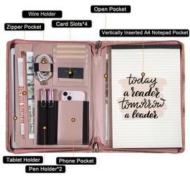 Generic Zippered Leather Padfolio Portfolio with Hidden Handle and Clipboard, Business Conference Organizer Notepad Folder, Portfolio Bag, Padfolio for Women/Men (Pink)
