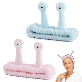 Umshlem 2 Pack Face Wash Headband Snail Spa Hair Bands Makeup Headbands Cartoon Cute Coral Fleece Elastic Headband Creative Hair Accessories for Washing Face Shower Beauty Skincare - Pink and Blue