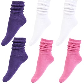 HOT FEET Girls Slouch Socks - 6 PK Tall Stacked Slouchy Socks, Warm Cotton Blend Long Calf Socks for Kids, Little Girls 6-8 Years, 2 Light Pink/2 Purple/ 2 White