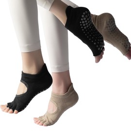 Ruayia Non-Slip Half Toe Yoga Socks, Pilates, Socks, Non-Slip Socks, Breathable Socks for Fitness, Ballet, Kickboxing, 1 black + 1 light brown