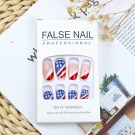 Independence Day Press on Nails Short Oval Shape Fake Nails with Glue Full Cover Nail Tips of USA National Flag 4th of July Patriotic False Nails Artificial Stick on Nails for Women DIY Nail Supplies